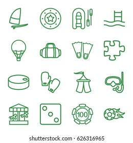 Leisure icons set. set of 16 leisure outline icons such as 100 casino chip, Casino chip, Dice, puzzle, tent, air balloon, football ball, sport bag, hockey puck, snorkel