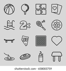 Leisure icons set. set of 16 leisure outline icons such as table, hearts, casino chip, casino bet, spades, vegas, puzzle, basketball, swimming pool, badminton, fishing