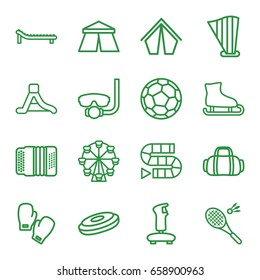 Leisure icons set. set of 16 leisure outline icons such as tent, harp, harmonic, waterslide, sunbed, badminton, sport bag, boxing gloves, fotball, ferris wheel, ice skating