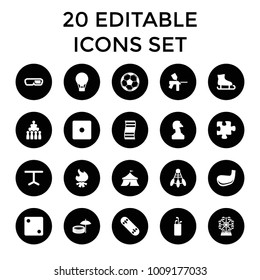 Leisure icons. set of 20 editable filled leisure icons such as dice, puzzle, chess horse, bowling, 3d glasses, golf putter. best quality leisure elements in trendy style.