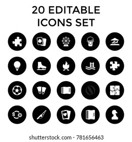 Leisure icons. set of 20 editable filled leisure icons such as puzzle, playing card, chess horse, flippers, fishing rod. best quality leisure elements in trendy style.