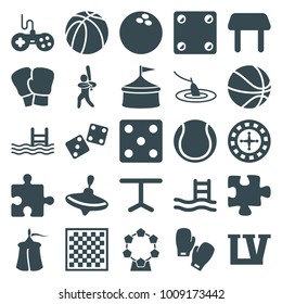 Leisure icons. set of 25 editable filled leisure icons such as whirligig, joystick, table, roulette, dice, puzzle, circus, pool ladder, boxing gloves, pool, basketball