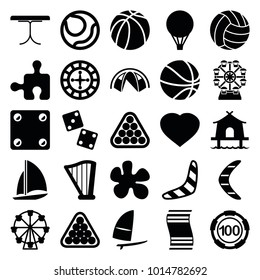 Leisure icons. set of 25 editable filled leisure icons such as boomerang, 100 casino chip, billiards, dice, paintball, ferris wheel, volleyball, basketball, harp, windsurfing