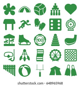 Leisure icons set. set of 25 leisure filled icons such as ferris wheel, tent, pyramid, table, hearts, 100 casino chip, dice, roulette, harmonica, goal post, snorkel, running