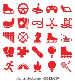 Leisure icons set. set of 25 leisure filled icons such as ferris wheel, whirligig, pllaying card, puzzle, harmonica, swimming pool, hockey, golf ball, snow board, ice skate