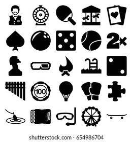 Leisure icons set. set of 25 leisure filled icons such as ferris wheel, puzzle, spades, 100 casino chip, dice, bet, roulette, casino boy, harmonica, harmonic