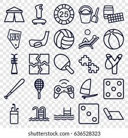 Leisure icons set. set of 25 leisure outline icons such as tent, 25 casino chip, dice, vegas, puzzle, pool, swimming pool, man laying in the sun, beach ball, bucket and shovel