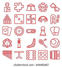 Leisure icons set. set of 25 leisure outline icons such as tent, boomerang, from toy for beach, roulette, 100 casino chip, dice, casino boy, spades, puzzle, table, harmonica