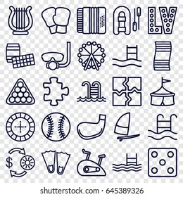 Leisure icons set. set of 25 leisure outline icons such as ferris wheel, puzzle, roulette, casino chip and money, dice, billiards, vegas, pool, harmonic, harp, swimming pool