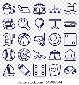 Leisure icons set. set of 25 leisure outline icons such as tent, 25 casino chip, dice, table, pool, basketball, swimming pool, fishing, bucket and shovel, golf ball