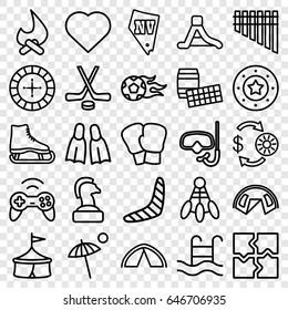 Leisure icons set. set of 25 leisure outline icons such as boomerang, hearts, roulette, casino chip and money, casino chip, vegas, puzzle, harmonica, waterslide, swimming pool