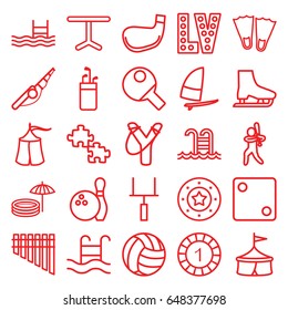 Leisure icons set. set of 25 leisure outline icons such as 1 casino chip, casino chip, dice, vegas, table, pool, harmonica, swimming pool, inflatable pool and umbrella, tent