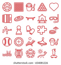 Leisure icons set. set of 25 leisure outline icons such as whirligig, bucket toy for beach, sunbed, hearts, roulette, 25 casino chip, 100 casino chip, billiards, puzzle, pool