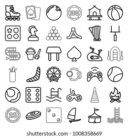 Leisure icons. set of 36 editable outline leisure icons such as ferris wheel, joystick, boomerang, bucket toy for beach, from toy for beach, table, spades, dice, chess horse