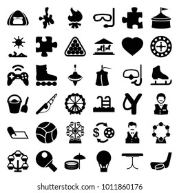 Leisure icons. set of 36 editable filled leisure icons such as ferris wheel, roulette, casino chip and money, casino boy, billiards, puzzle, sligshot, carousel, circus