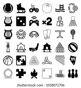 Leisure icons. set of 36 editable filled and outline leisure icons such as joystick, dice, vegas, puzzle, beach ball, pool ladder, harp, hockey stick and puck, tent, bonfire