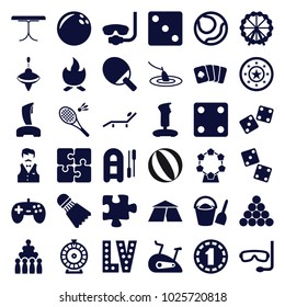 Leisure icons. set of 36 editable filled leisure icons such as ferris wheel, dice, roulette, vegas, puzzle, joystick, dice, bowling, bowling ball, underwater mask