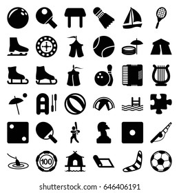 Leisure icons set. set of 36 leisure filled icons such as tent, boomerang, table, roulette, 100 casino chip, dice, puzzle, pool, harmonic, harp, baseball player, tennis rocket