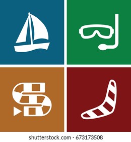 Leisure icons set. set of 4 leisure filled icons such as boomerang, aqualung, dice game