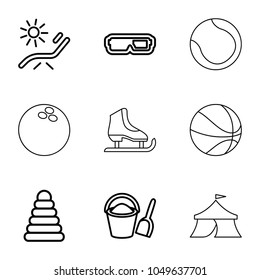 Leisure icons. set of 9 editable outline leisure icons such as pyramid, sunbed, 3d glasses, bucket and shovel, bowling ball, ice skate, circus, volleyball