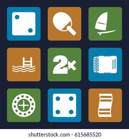 Leisure icons set. set of 9 leisure filled icons such as Roulette, Dice, Casino bet, pool, harmonic, windsurfing, ping pong racket
