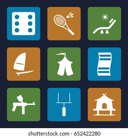 Leisure icons set. set of 9 leisure filled icons such as sunbed, dice, tent, goal post, windsurfing, badminton, paintball