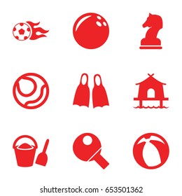 Leisure icons set. set of 9 leisure filled icons such as football ball, table tennis, horse chess, flippers, tent, beach ball, bucket and shovel, bowling ball