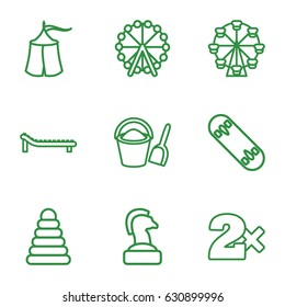 Leisure icons set. set of 9 leisure outline icons such as ferris wheel, pyramid, casino bet, sunbed, bucket and shovel, tent, skate board