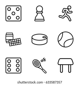 Leisure icons set. set of 9 leisure outline icons such as table, dice, badminton, hockey puck, chess pawn, tennis ball, running man