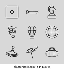 Leisure icons set. set of 9 leisure outline icons such as whirligig, roulette, dice, vegas, umbrella, sunbed, sport bag, chess horse