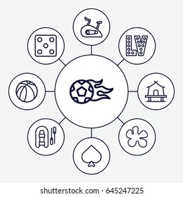 Leisure icons set. set of 9 leisure outline icons such as spades, dice, vegas, basketball, tent, football ball, exercise bike, paintball