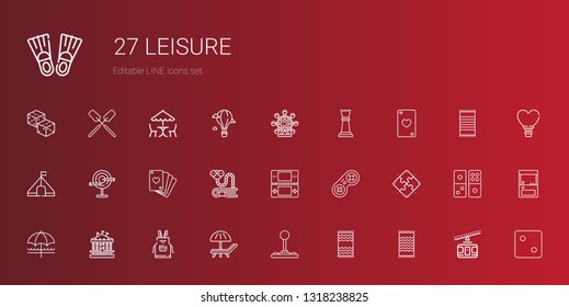 leisure icons set. Collection of leisure with beach towel, joystick, sunbed, apron, carousel, sun umbrella, puzzle, gamepad, console, bookworm. Editable and scalable leisure icons.