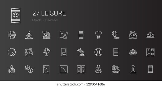 leisure icons set. Collection of leisure with caravan, apron, domino, dice, air hockey, dices, beach towel, baseball, marshmallow, console. Editable and scalable leisure icons.