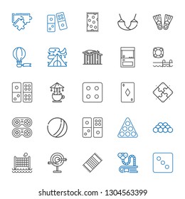 leisure icons set. Collection of leisure with dice, bookworm, beach towel, dart board, volley, ball, pool, domino, gamepad, puzzle, ace of diamonds. Editable and scalable leisure icons.