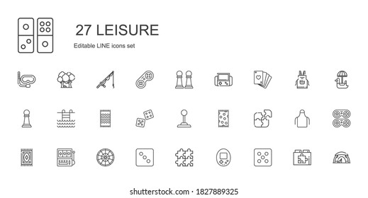 leisure icons set. Collection of leisure with dice, console, puzzle, roulette, slot machine, carpet, beach towel, joystick, swimming pool. Editable and scalable leisure icons.