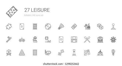 leisure icons set. Collection of leisure with domino, chess piece, dice, snorkel, beach towel, pool, rest area, oar, console, ace of hearts. Editable and scalable leisure icons.