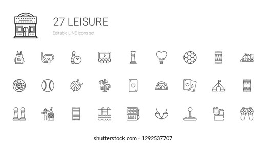 leisure icons set. Collection of leisure with joystick, hammock, slot machine, swimming pool, beach towel, hot stones, pawn, poker, tent. Editable and scalable leisure icons.