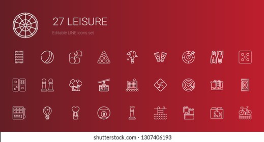 leisure icons set. Collection of leisure with lego, swimming pool, chess piece, billiard, hot air balloon, slot machine, dart board, puzzle. Editable and scalable leisure icons.