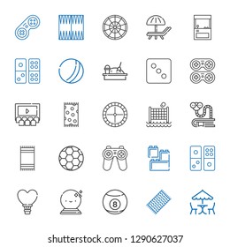 leisure icons set. Collection of leisure with picnic, beach towel, billiard, ball, hot air balloon, domino, lego, gamepad, football, bookworm. Editable and scalable leisure icons.