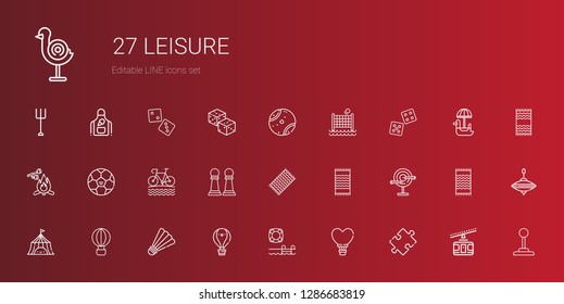 leisure icons set. Collection of leisure with puzzle, hot air balloon, swimming pool, badminton, tent, dart board, beach towel, pawn, bike. Editable and scalable leisure icons.