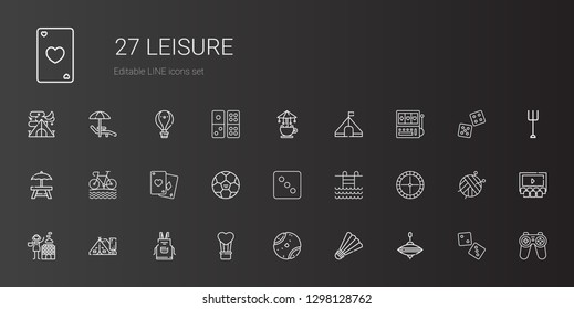 leisure icons set. Collection of leisure with whirligig, badminton, tennis ball, hot air balloon, apron, tent, hot stones, roulette, swimming pool. Editable and scalable leisure icons.