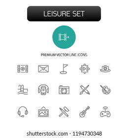 Leisure icons. Set of line icons. Swimming pool, camera, paints. Entertainment concept. Vector illustration can be used for topics like hobby, activity, easy time.