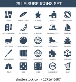 leisure icons. Trendy 25 leisure icons. Contain icons such as Vegas, hockey puck, bonfire, puzzle, beach ball, inflatable boat, boomerang, d glasses. leisure icon for web and mobile.