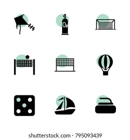 Leisure icons. vector collection filled leisure icons set.. includes symbols such as dice, hot air balloon, stone for curling, oxygen scuba. use for web, mobile and ui design.