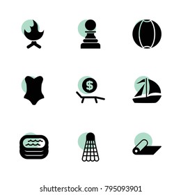 Leisure icons. vector collection filled leisure icons set.. includes symbols such as ball, shuttlecock, pawn, sailboat, lounger rent, mat. use for web, mobile and ui design.