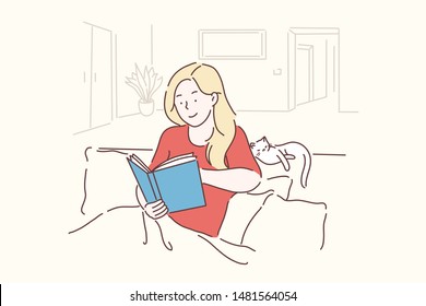 Leisure, lifestyle, nostalgically, learning concept. Young, beautiful woman sits in a cozy pose and reads her favorite literature, studies science. Simple flat vector.