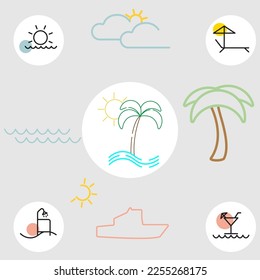Leisure logo set. Palm tree, shower, ship, sea, clouds. Vector.