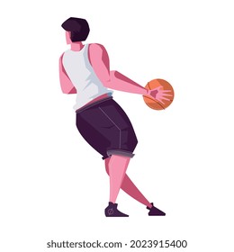 Leisure man flat composition with isolated male character of basketball player with ball vector illustration