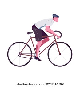 Leisure man flat composition with isolated character of racing cyclist in helmet riding bicycle vector illustration