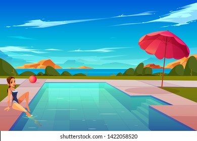 Leisure on summer vacation cartoon vector concept. Young attractive woman in swimsuit, sitting at swimming pool, dipping legs in water, resting and relaxing on tropical resort seashore illustration